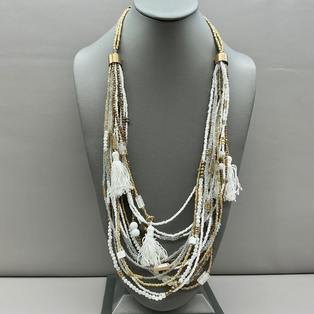 Chico's Necklace NWT White Gold Multi Strand Seed Bead Tassel Statement Jewelry